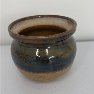 Vintage handmade Pottery Brown and Blue glaze signed BN shelf decor ceramic pot